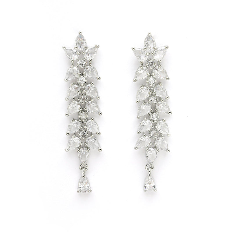 Rhodium Plated Silver Toned White Floral American Diamond Studded Necklace With Matching Earrings