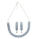 Rhodium Plated Silver Toned Blue Floral American Diamond Studded Necklace With Matching Earrings