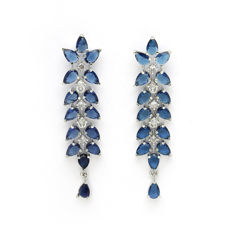 Rhodium Plated Silver Toned Blue Floral American Diamond Studded Necklace With Matching Earrings