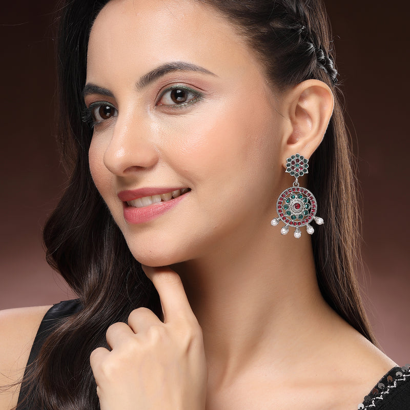 Oxidised Silver Toned Circular Shaped Red & Blue Stone Studded Pearl Beaded Drop Earrings