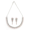 Rhodium Plated Silver Toned Pink AD Studded Classic Necklace With Floral Drop Earrings