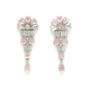 Rhodium Plated Silver Toned Pink AD Studded Classic Necklace With Floral Drop Earrings