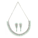 Rhodium Plated Silver Toned Sea Green American Diamond  Studded Classic Necklace With Floral Drop Earrings