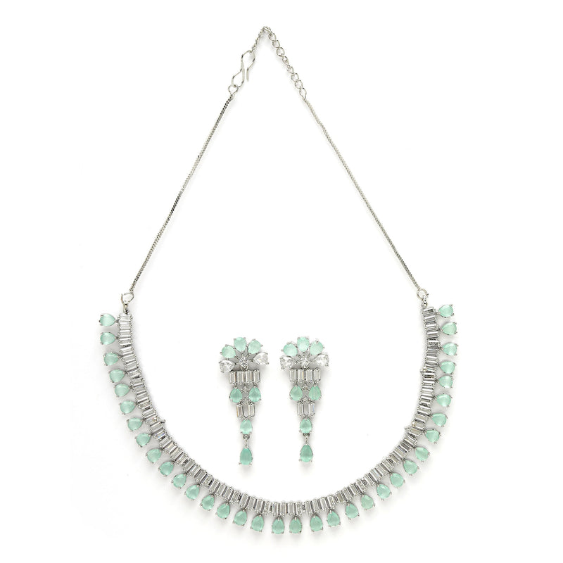 Rhodium Plated Silver Toned Sea Green American Diamond  Studded Classic Necklace With Floral Drop Earrings