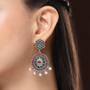 Oxidised Silver Toned Circular Shaped Red & Blue Stone Studded Pearl Beaded Drop Earrings