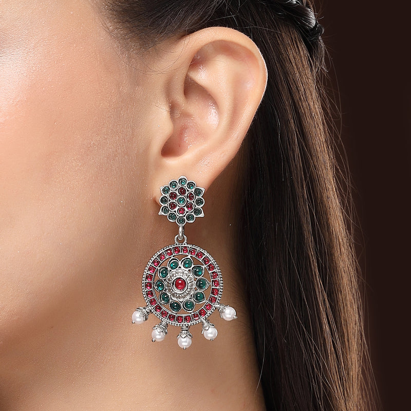 Oxidised Silver Toned Circular Shaped Red & Blue Stone Studded Pearl Beaded Drop Earrings
