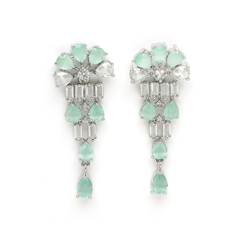 Rhodium Plated Silver Toned Sea Green American Diamond  Studded Classic Necklace With Floral Drop Earrings