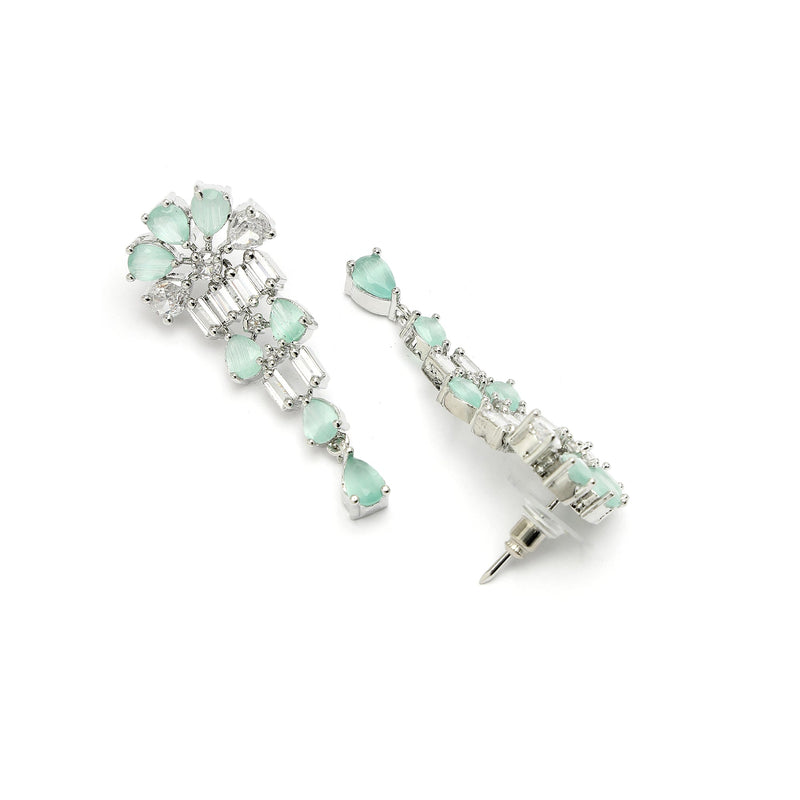 Rhodium Plated Silver Toned Sea Green American Diamond  Studded Classic Necklace With Floral Drop Earrings