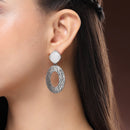 Oxidized Silver Toned Oval Shaped Gray Cubic Zirconia Studded Earrings