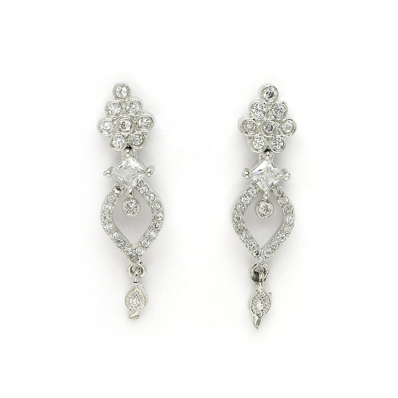 Rhodium Plated Silver Toned Marquise Shaped White American Diamond Studded  Necklace With Matching Drop Earrings
