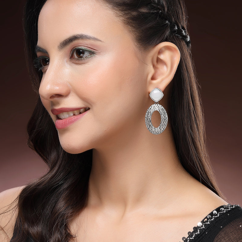 Oxidized Silver Toned Oval Shaped Gray Cubic Zirconia Studded Earrings