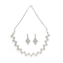 Rhodium Plated Silver Toned Zig Zag Design White AD Studded Necklace Set With Earrings
