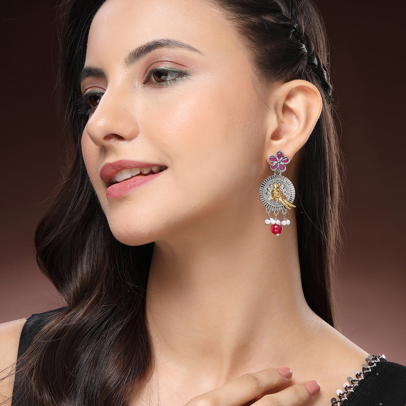 Oxidised Gold Plated Bird Shaped Pink CZ Studded Pearl Beaded Earrings