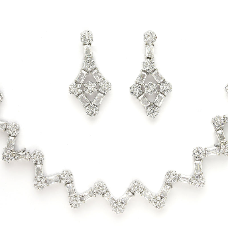 Rhodium Plated Silver Toned Zig Zag Design White AD Studded Necklace Set With Earrings