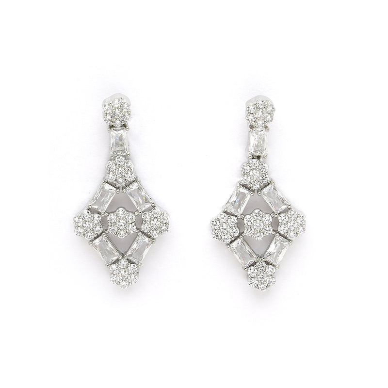Rhodium Plated Silver Toned Zig Zag Design White AD Studded Necklace Set With Earrings
