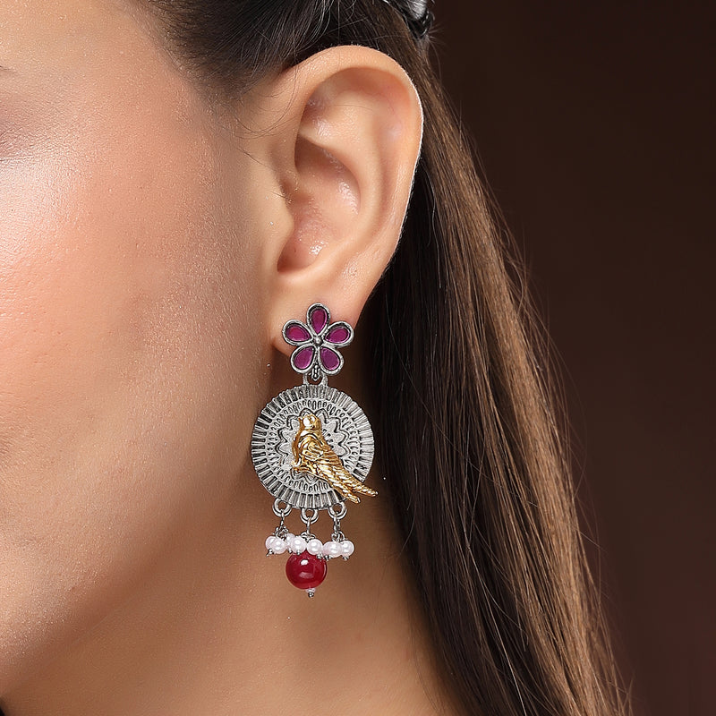 Oxidised Gold Plated Bird Shaped Pink CZ Studded Pearl Beaded Earrings