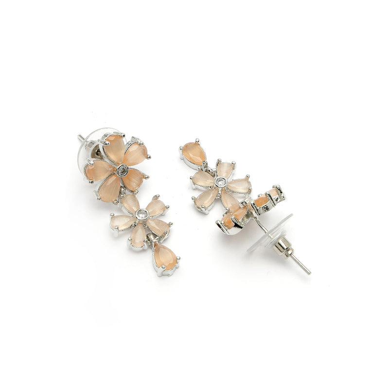 Rhodium Plated Silver Toned Floral Design Orange American Diamond Studded  Necklace With Matching Drop Earrings