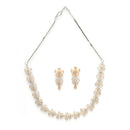 Rhodium Plated Silver Toned Floral Design Orange American Diamond Studded  Necklace With Matching Drop Earrings