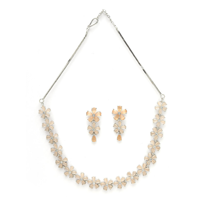 Rhodium Plated Silver Toned Floral Design Orange American Diamond Studded  Necklace With Matching Drop Earrings