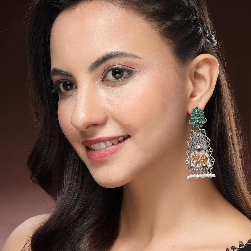 Oxidised Silver Plated Elephant Shaped Pearl Beaded Dangler Earrings