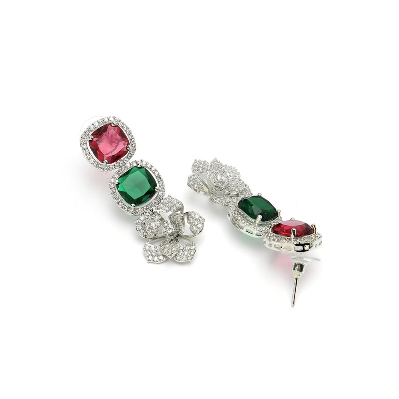 Rhodium Plated Silver Toned Multicoloured Cussion Cut AD Studded  Necklace With Matching Drop Earrings