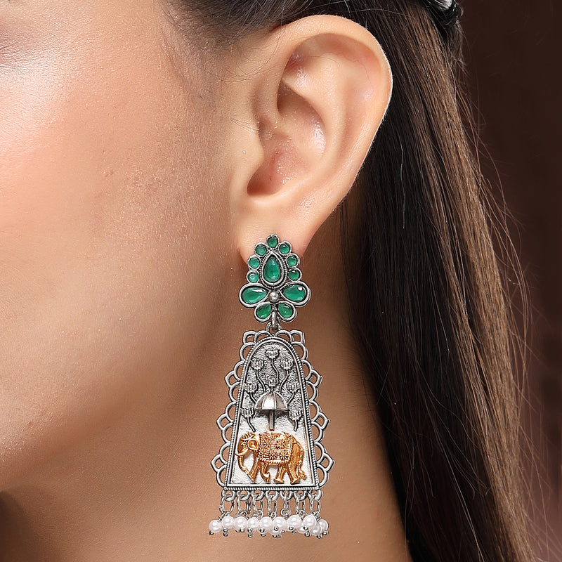 Oxidised Silver Plated Elephant Shaped Pearl Beaded Dangler Earrings