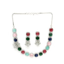 Rhodium Plated Silver Toned Multicoloured Cussion Cut AD Studded  Necklace With Matching Drop Earrings