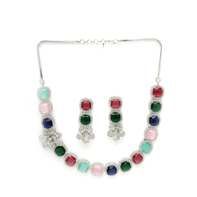 Rhodium Plated Silver Toned Multicoloured Cussion Cut AD Studded  Necklace With Matching Drop Earrings