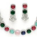 Rhodium Plated Silver Toned Multicoloured Cussion Cut AD Studded  Necklace With Matching Drop Earrings