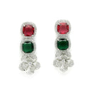 Rhodium Plated Silver Toned Multicoloured Cussion Cut AD Studded  Necklace With Matching Drop Earrings