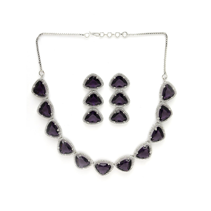 Rhodium Plated Silver Toned Purple Trillion Cut AD Studded Necklace With Matching Drop Earrings