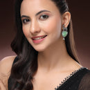 Oxidised Silver Toned Deer Shaped Mint Green CZ Stone Studded Pearl Beaded Earrings