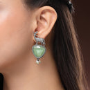 Oxidised Silver Toned Deer Shaped Mint Green CZ Stone Studded Pearl Beaded Earrings