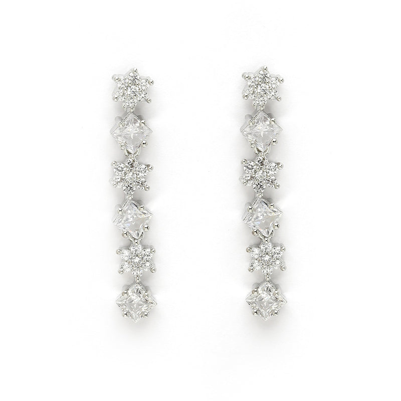 Rhodium Plated Silver Toned Floral Design White AD Studded  Necklace With Matching Drop Earrings