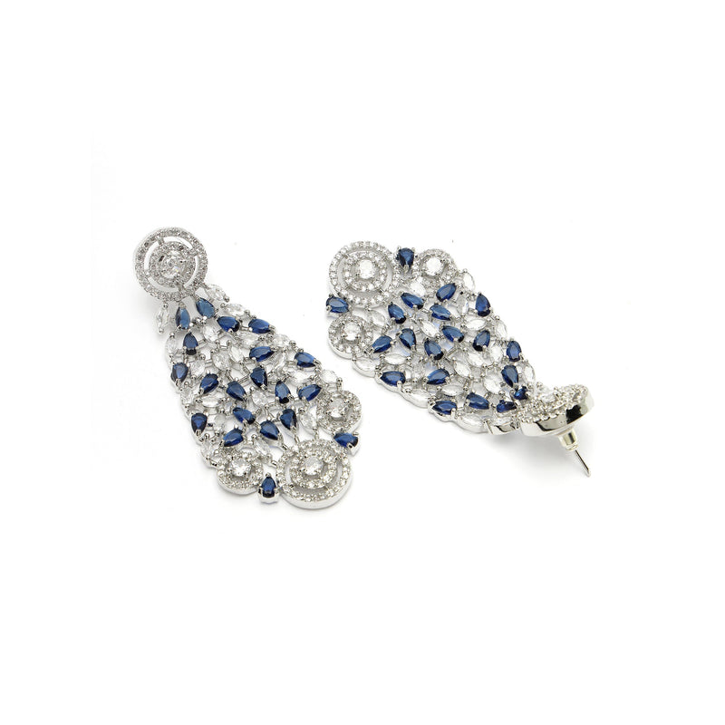 Rhodium Plated Silver Toned Round Design Blue  AD Studded Choker Necklace Set With Drop Earrings
