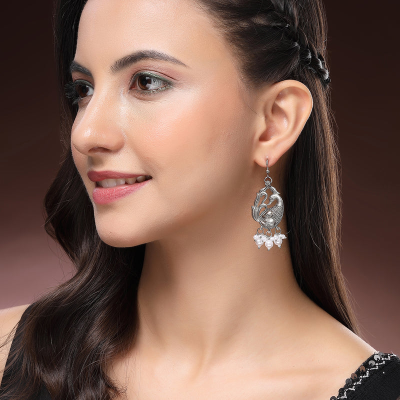Oxidised Silver Toned Peacock Style White Pearl Studded Earrings