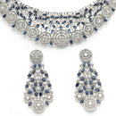Rhodium Plated Silver Toned Round Design Blue  AD Studded Choker Necklace Set With Drop Earrings