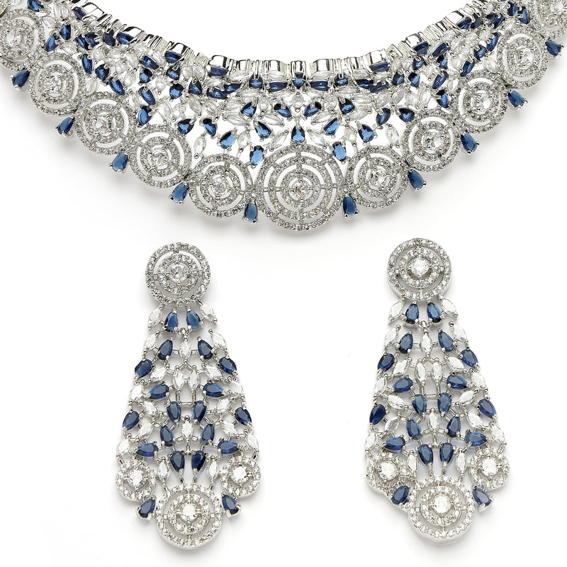 Rhodium Plated Silver Toned Round Design Blue  AD Studded Choker Necklace Set With Drop Earrings
