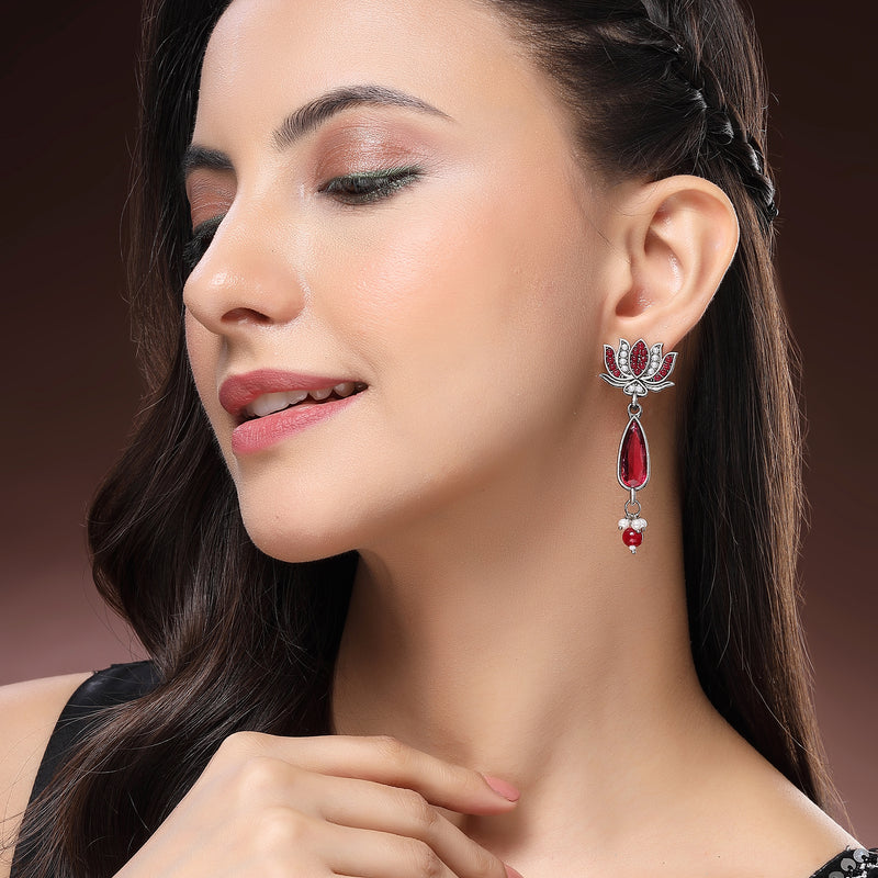 Oxidised Silver Toned Lotus Shaped Red CZ Studded Pearl Beaded Earrings