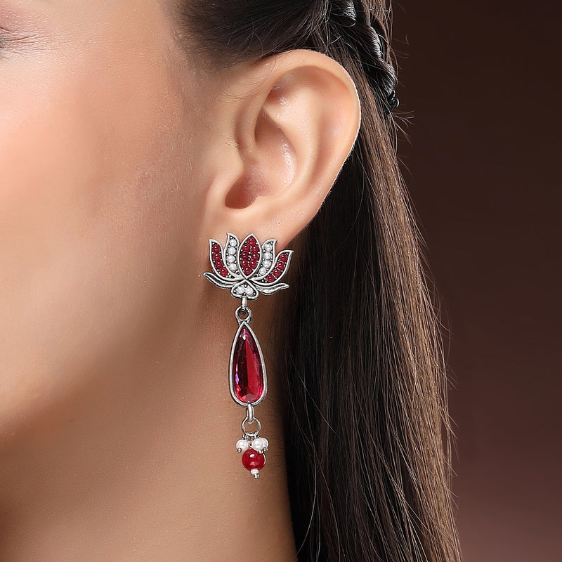 Oxidised Silver Toned Lotus Shaped Red CZ Studded Pearl Beaded Earrings