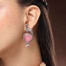 Oxidised Silver Toned Deer Shaped Pink CZ Stone Studded Pearl Beaded Earrings