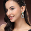 Oxidized SIilver Toned Oval Shaped Green Cubic Zirconia Studded Earrings