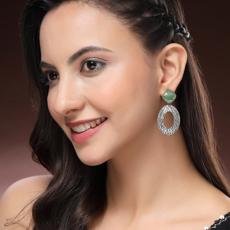 Oxidized SIilver Toned Oval Shaped Green Cubic Zirconia Studded Earrings
