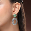 Oxidized SIilver Toned Oval Shaped Green Cubic Zirconia Studded Earrings