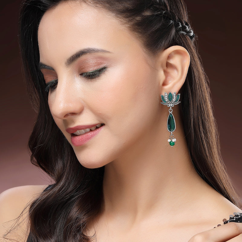 Oxidised Silver Toned Lotus Shaped Green CZ Studded Pearl Beaded Earrings