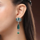 Oxidised Silver Toned Lotus Shaped Green CZ Studded Pearl Beaded Earrings