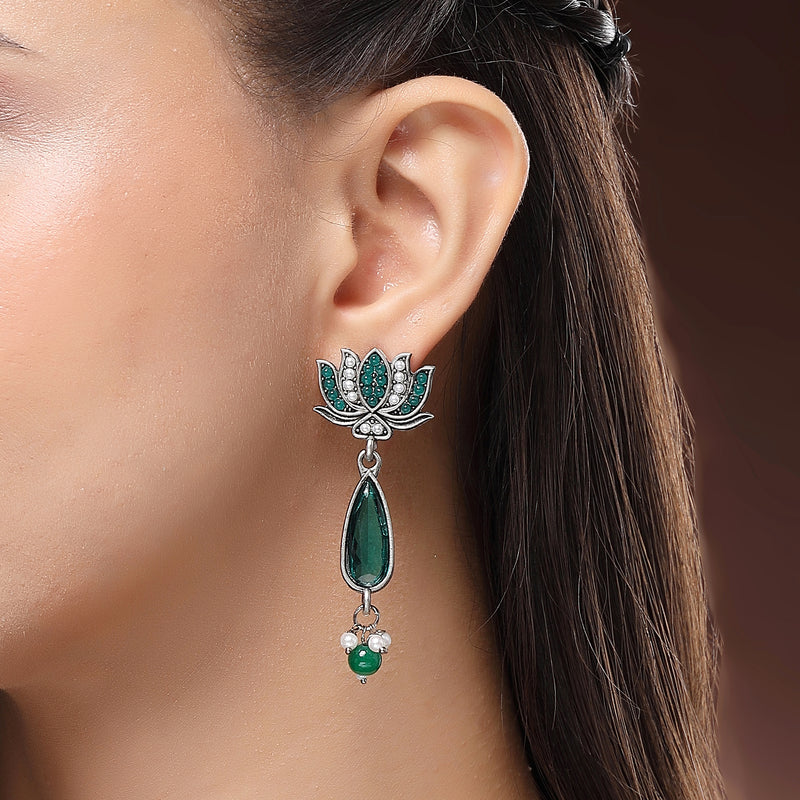 Oxidised Silver Toned Lotus Shaped Green CZ Studded Pearl Beaded Earrings