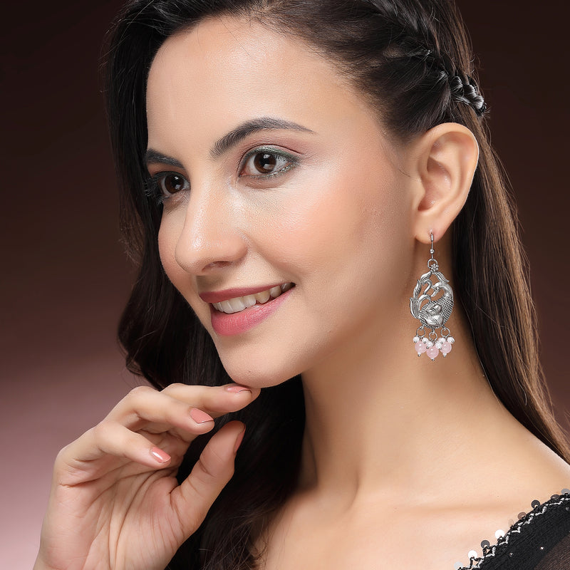 Oxidised Silver Toned Peacock Style Pink Pearl Studded Earrings