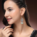 Oxidised Silver Toned Peacock Style Sea Green Pearl Studded Earrings