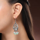 Oxidised Silver Toned Peacock Style Sea Green Pearl Studded Earrings